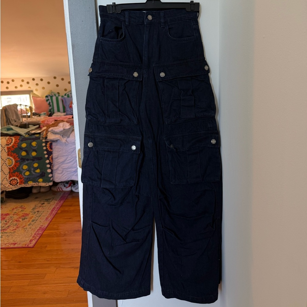 Zara Dark Indigo Denim Cargo Jeans